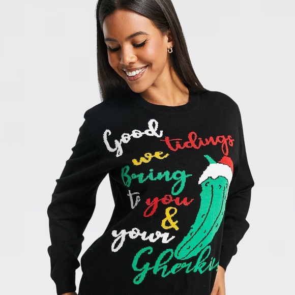 Threadbare Plus Christmas Gherkin Women’s Crew-Neck Knit Sweater In Black 12US - Picture 3 of 16